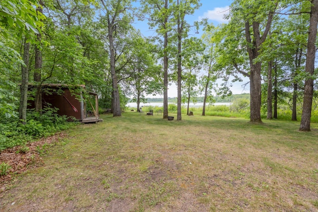 22325 519th Ln, Workman Twp, MN 55760 - view of grassy yard with a water view and a shed