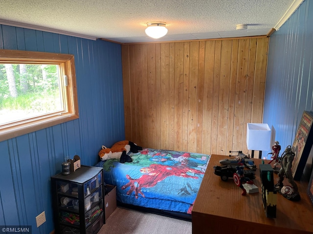 21507 County Road 560, Goodland Twp, MN 55742 - bedroom featuring a textured ceiling and wood walls