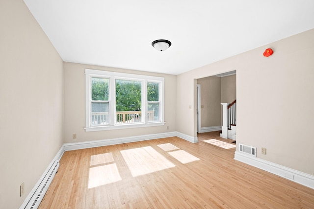 808 6th Ave E, Duluth, MN 55805 - empty room with a baseboard radiator, light wood-style flooring, and stairway