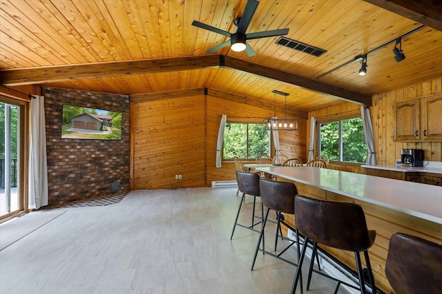 36388 Wabana Rd, Wabana Twp, MN 55744 - kitchen with wood walls, rail lighting, a wood ceiling with exposed beams, light wood-style flooring, and a baseboard heating unit