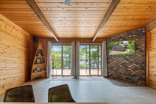 36388 Wabana Rd, Wabana Twp, MN 55744 - living room with wood walls, a wood ceiling with exposed beams, and brick wall