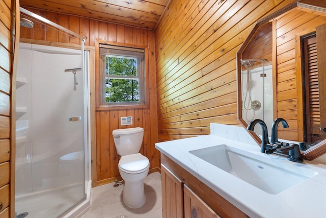 36388 Wabana Rd, Wabana Twp, MN 55744 - bathroom with wooden walls, vanity, a shower stall, and wooden ceiling