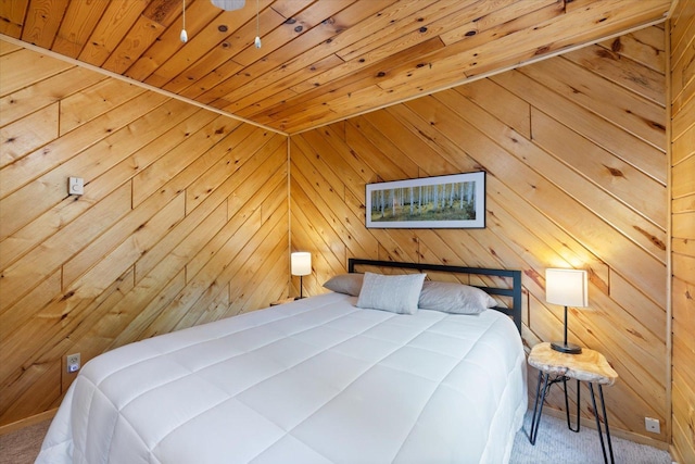 36388 Wabana Rd, Wabana Twp, MN 55744 - carpeted bedroom featuring wood ceiling and wood walls