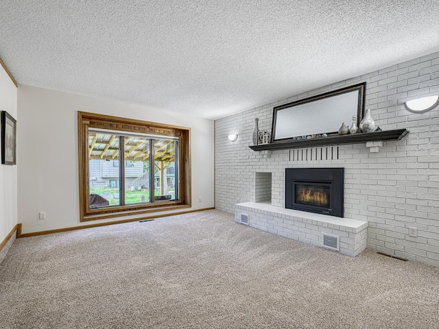 4125 Bridgewater Cir, Vadnais Heights, MN 55127 - unfurnished living room with carpet flooring, a fireplace, a textured ceiling, and brick wall
