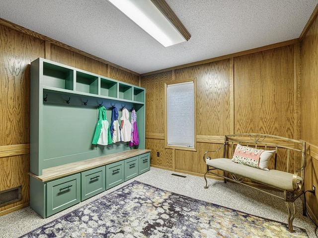 4125 Bridgewater Cir, Vadnais Heights, MN 55127 - mudroom with carpet, a textured ceiling, and wood walls