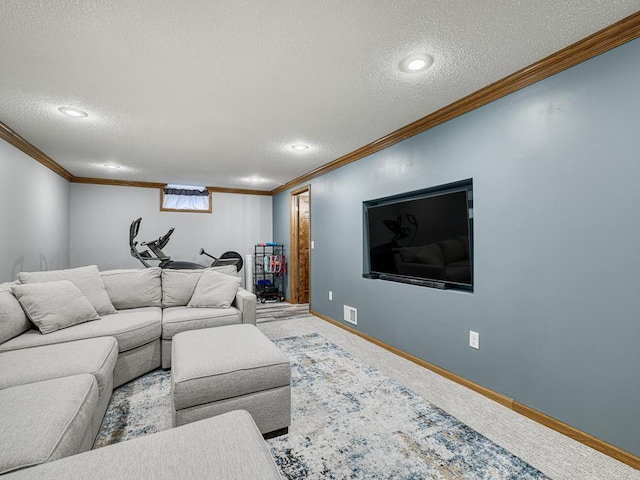 4125 Bridgewater Cir, Vadnais Heights, MN 55127 - carpeted living area featuring a textured ceiling, ornamental molding, and recessed lighting