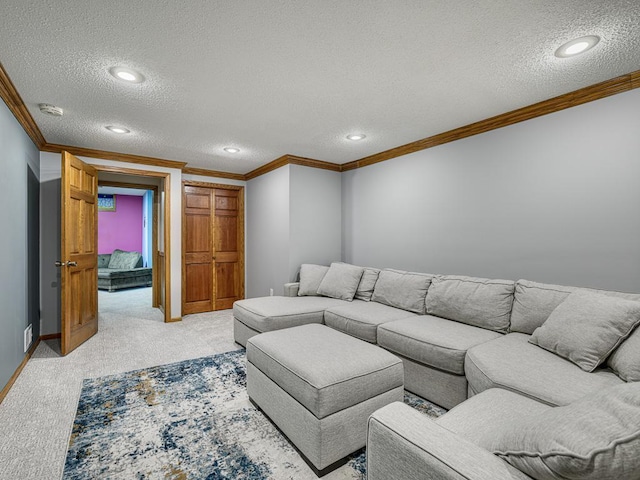 4125 Bridgewater Cir, Vadnais Heights, MN 55127 - living area featuring ornamental molding, a textured ceiling, light carpet, and recessed lighting