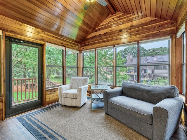 4125 Bridgewater Cir, Vadnais Heights, MN 55127 - sunroom / solarium featuring lofted ceiling, healthy amount of natural light, a ceiling fan, wooden ceiling, and wood walls