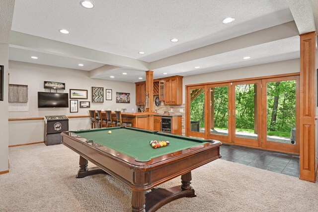 3583 Woodland Trl, Eagan, MN 55123 - recreation room featuring bar with sink, carpet floors, beverage cooler, recessed lighting, and pool table