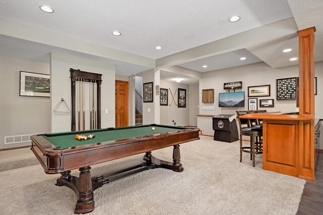 3583 Woodland Trl, Eagan, MN 55123 - game room featuring billiards table, carpet floors, recessed lighting, a dry bar, and a textured ceiling