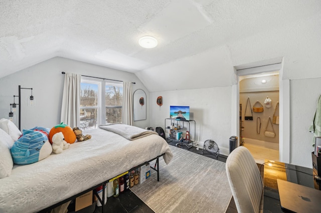 216 Elm St, River Falls, WI 54022 - bedroom featuring vaulted ceiling, a textured ceiling, and connected bathroom