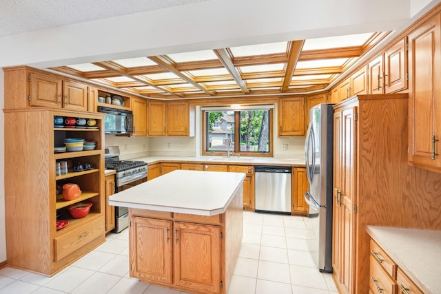 2017 87th Trl N, Brooklyn Park, MN 55443 - kitchen with appliances with stainless steel finishes, open shelves, light countertops, a kitchen island, and light tile patterned floors