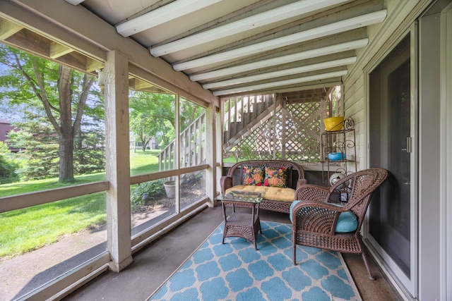 2017 87th Trl N, Brooklyn Park, MN 55443 - sunroom featuring beamed ceiling and an outdoor living space