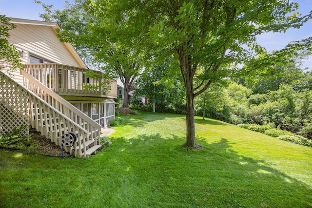 2017 87th Trl N, Brooklyn Park, MN 55443 - view of green lawn featuring a wooden deck and stairs