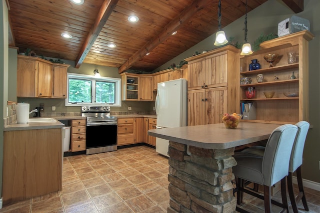 8619 Dove St, Breezy Point, MN 56472 - kitchen with stainless steel electric range oven, freestanding refrigerator, open shelves, wood ceiling, and light countertops