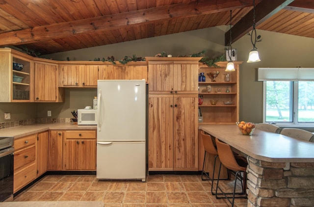 8619 Dove St, Breezy Point, MN 56472 - kitchen featuring white appliances, wooden ceiling, light countertops, open shelves, and pendant lighting
