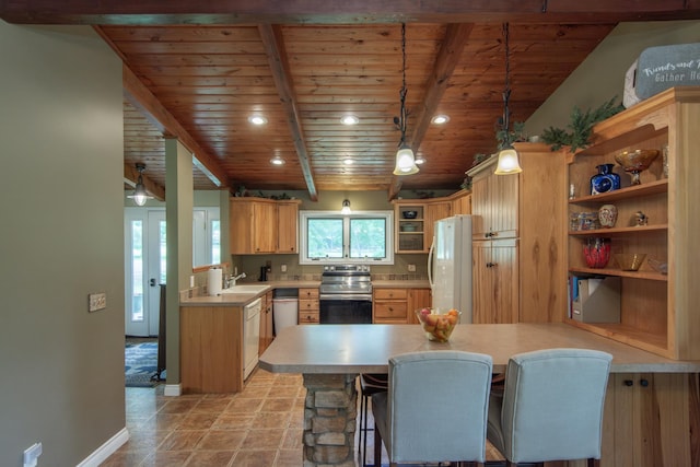 8619 Dove St, Breezy Point, MN 56472 - kitchen featuring white appliances, a wood ceiling with exposed beams, open shelves, light countertops, and a peninsula