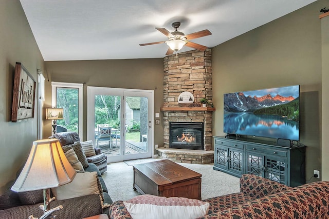 8619 Dove St, Breezy Point, MN 56472 - carpeted living area with a ceiling fan, a fireplace, and high vaulted ceiling