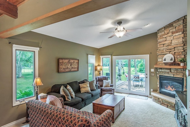 8619 Dove St, Breezy Point, MN 56472 - carpeted living room with a ceiling fan and a stone fireplace