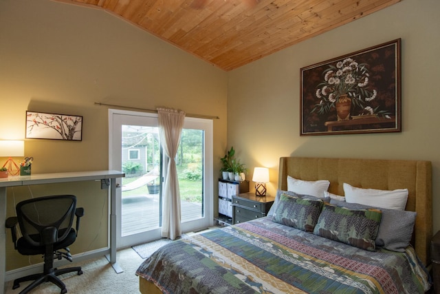 8619 Dove St, Breezy Point, MN 56472 - bedroom featuring access to outside, light colored carpet, wood ceiling, vaulted ceiling, and an office area