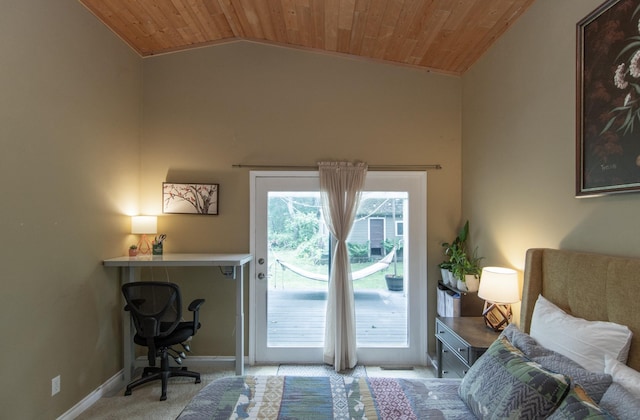 8619 Dove St, Breezy Point, MN 56472 - bedroom featuring wood ceiling, light carpet, vaulted ceiling, access to exterior, and a desk