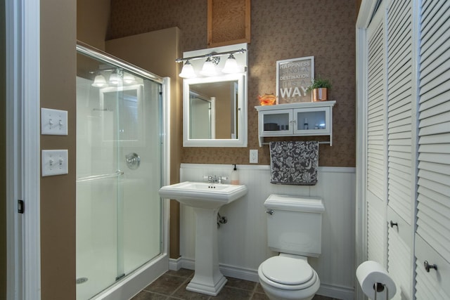 8619 Dove St, Breezy Point, MN 56472 - bathroom featuring wallpapered walls, a shower stall, wainscoting, a closet, and tile patterned floors