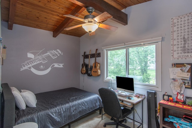 8619 Dove St, Breezy Point, MN 56472 - carpeted bedroom with a wood ceiling with exposed beams, an office area, and a ceiling fan