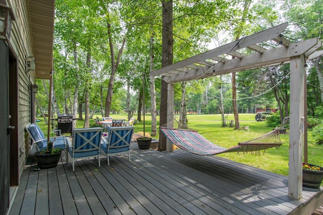 8619 Dove St, Breezy Point, MN 56472 - wooden deck with a yard, view of scattered trees, a pergola, and an outdoor living space