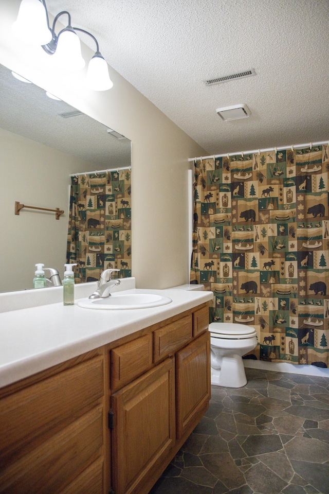 415 3rd St NW, Elgin, MN 55932 - full bathroom featuring vanity, a textured ceiling, stone finish floors, and curtained shower