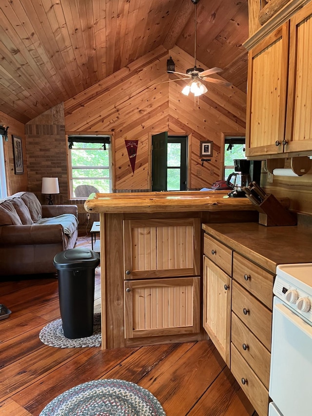 38010 Clover Cir, Hinckley, MN 55037 - kitchen featuring open floor plan, wood walls, a ceiling fan, white range oven, and a peninsula