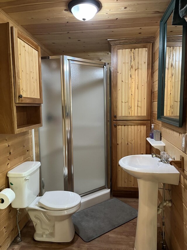 38010 Clover Cir, Hinckley, MN 55037 - bathroom featuring a shower stall, wood finished floors, wooden ceiling, and wooden walls