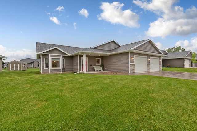 755 Escalade Ln SE, Owatonna, MN 55060 - view of front of house with an attached garage, concrete driveway, a front lawn, roof with shingles, and stone siding