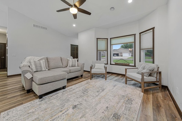 755 Escalade Ln SE, Owatonna, MN 55060 - living room with a ceiling fan, wood finished floors, lofted ceiling, and recessed lighting