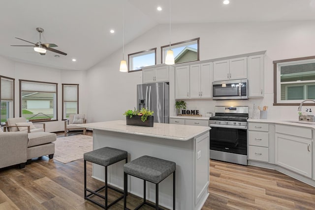 755 Escalade Ln SE, Owatonna, MN 55060 - kitchen featuring appliances with stainless steel finishes, open floor plan, a kitchen bar, backsplash, and a kitchen island