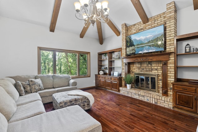17208 Woodbine St NW, Andover, MN 55304 - living room with beam ceiling, a brick fireplace, a chandelier, and dark wood-type flooring