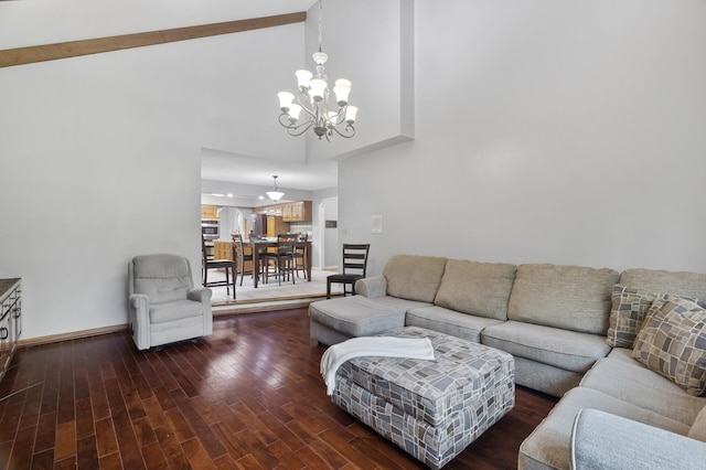 17208 Woodbine St NW, Andover, MN 55304 - living room with a chandelier, high vaulted ceiling, wood finished floors, and beamed ceiling