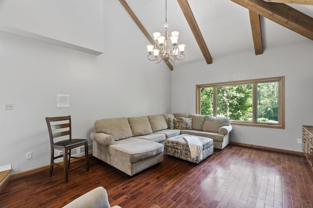 17208 Woodbine St NW, Andover, MN 55304 - living room with a chandelier, dark wood-style floors, high vaulted ceiling, and beamed ceiling