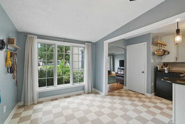 3826 Adair Ave N, Crystal, MN 55422 - dining area with light floors, arched walkways, a textured ceiling, and vaulted ceiling