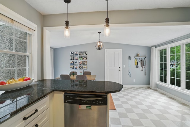 3826 Adair Ave N, Crystal, MN 55422 - kitchen featuring stainless steel dishwasher, vaulted ceiling, hanging light fixtures, light floors, and dark stone countertops