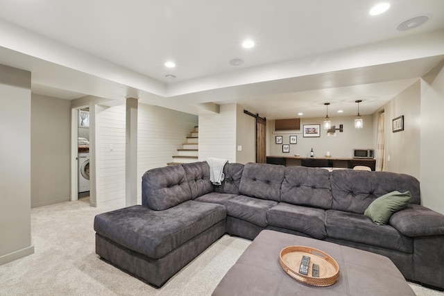 3826 Adair Ave N, Crystal, MN 55422 - living area with stairs, wet bar, washer / clothes dryer, recessed lighting, and light colored carpet