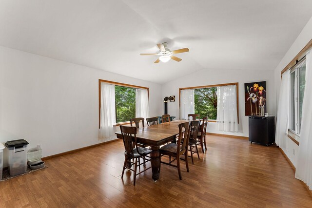 1202 Matteson St, Faribault, MN 55021 - dining space featuring lofted ceiling, healthy amount of natural light, a ceiling fan, and wood finished floors