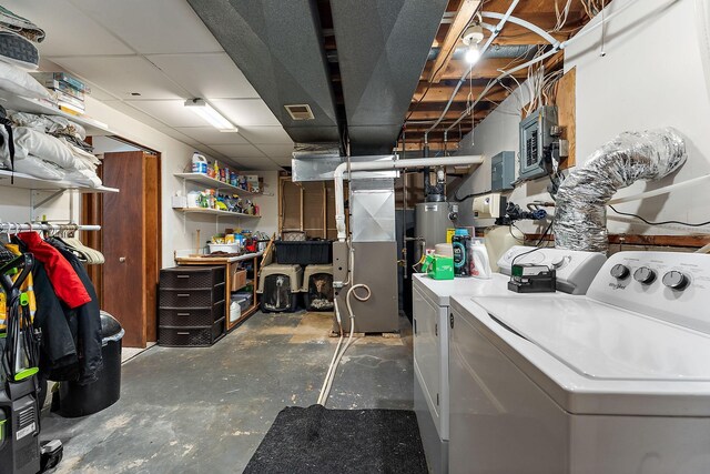 1202 Matteson St, Faribault, MN 55021 - unfinished basement with separate washer and dryer, water heater, heating unit, and electric panel