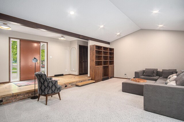 201 Elm St, Luverne, MN 56156 - carpeted living room featuring lofted ceiling and recessed lighting