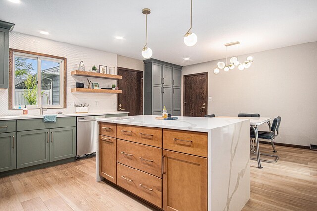201 Elm St, Luverne, MN 56156 - kitchen with stainless steel dishwasher, light wood finished floors, a kitchen island, and open shelves