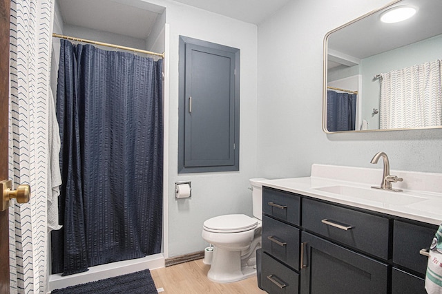 201 Elm St, Luverne, MN 56156 - bathroom featuring vanity, wood finished floors, and curtained shower