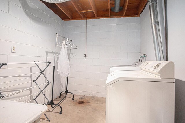 201 Elm St, Luverne, MN 56156 - laundry room featuring washer and dryer and concrete block wall