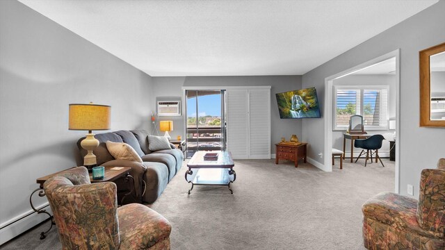 4397 Wilshire Blvd # E305, Mound, MN 55364 - carpeted living room with a baseboard heating unit and a wall mounted AC