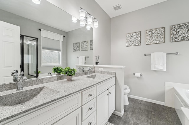 1842 Colonial Ln Unit 6, Chanhassen, MN 55317 - bathroom featuring a bath, double vanity, a stall shower, and wood finished floors