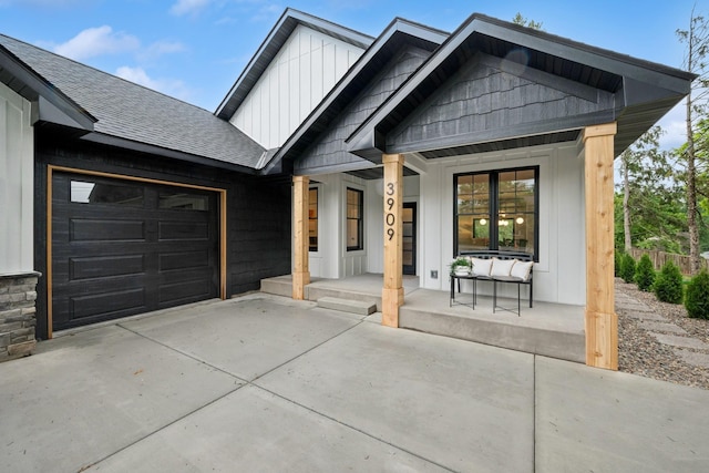 3909 54th St, Edina, MN 55424 - modern farmhouse style home featuring a porch, a garage, a shingled roof, driveway, and board and batten siding