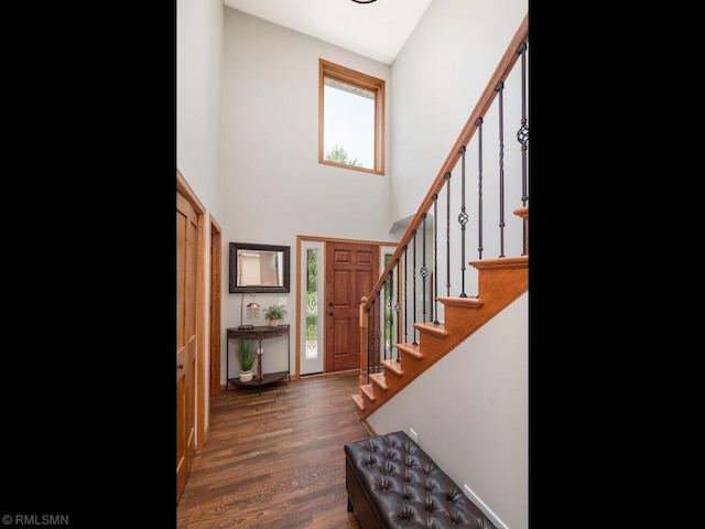 20108 Calgary Trl, Empire Twp, MN 55024 - foyer with stairway, a towering ceiling, and wood finished floors